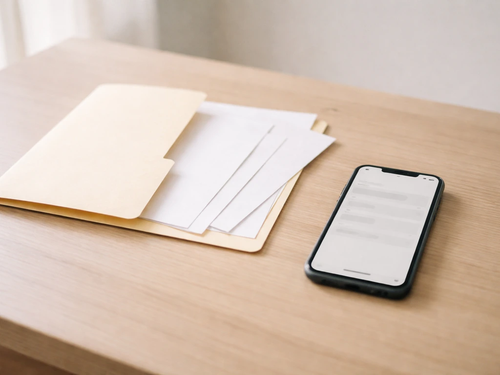 Minimal tabletop scene with a blank public-records style folder and a phone showing a simple donation entry