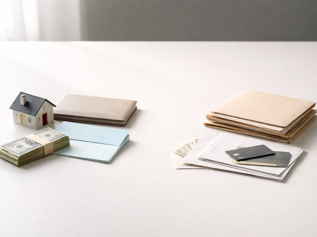 Desk scene split into asset items and liability items showing net worth concept visually