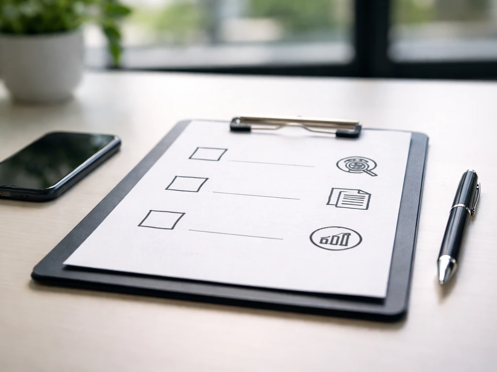 Minimal due-diligence checklist board with simple icons for trademark search, LLC filings, and finance signals