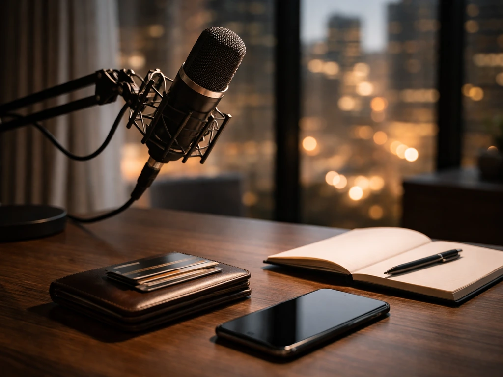 Minimal home office scene with studio microphone and luxury wallet, hinting at media and wealth analysis.