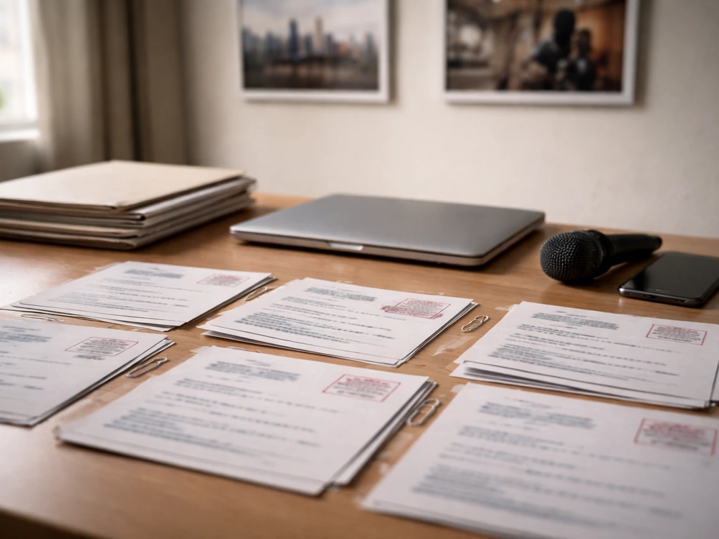 Minimal desk scene with blurred identifiers to symbolize verifying the correct person among similar names.