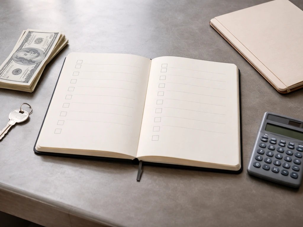 Open notebook with blank checklist pages, a calculator, cash, and a folder suggesting assets minus debts.