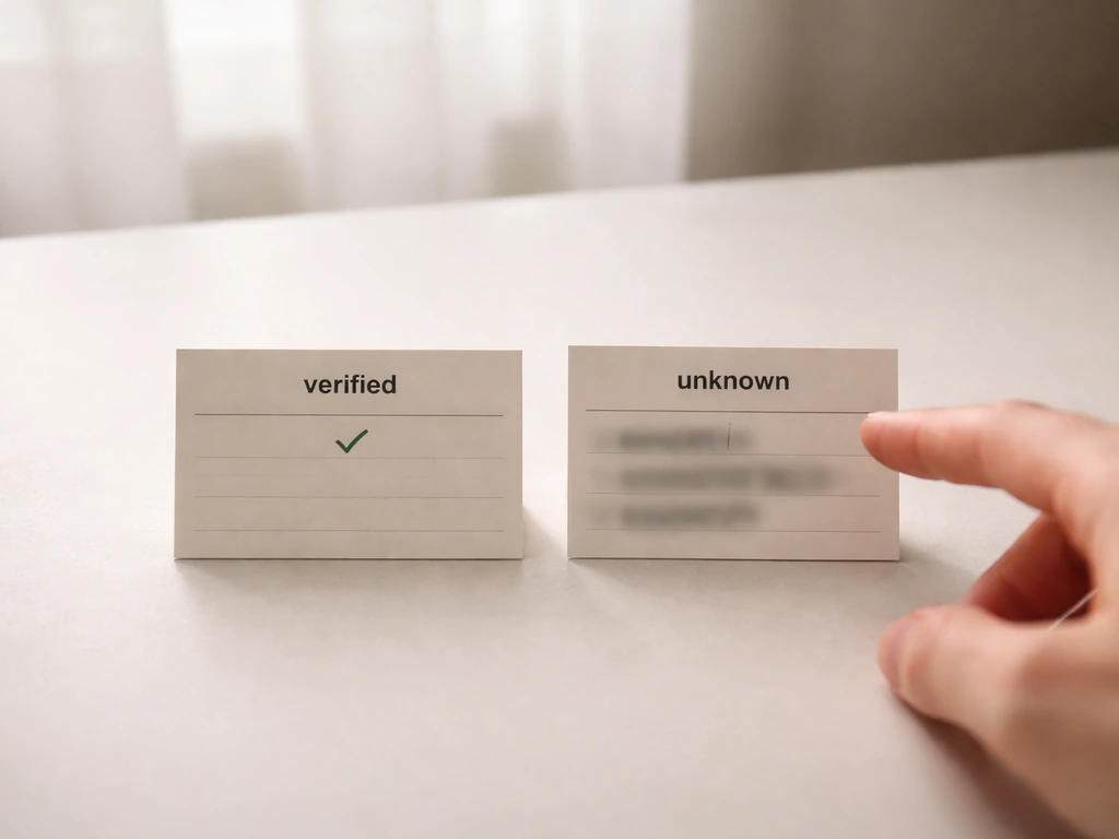 Two side-by-side cards on a table: one clearly verified, the other blurred/empty to suggest unknown details.