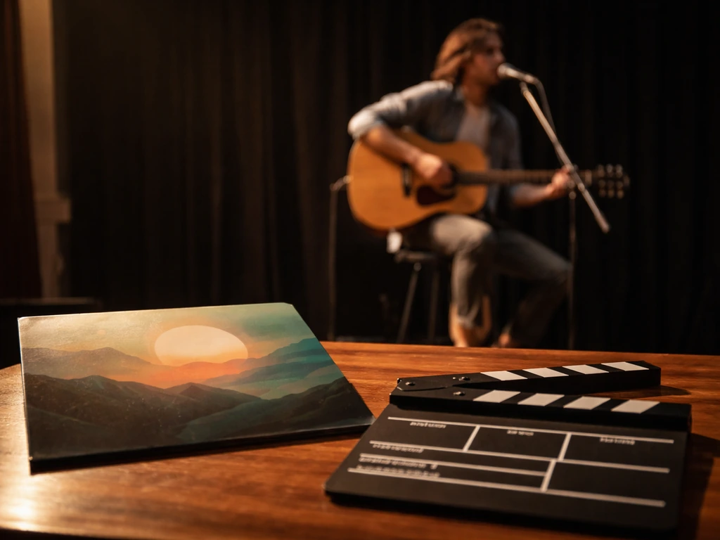 Anonymous musician performing with a guitar and a nearby music record sleeve and film clapboard
