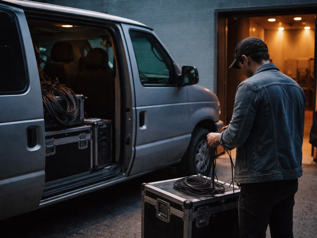 Musician in a quiet backstage area near a tour van, with warm stage lights glowing in the background.
