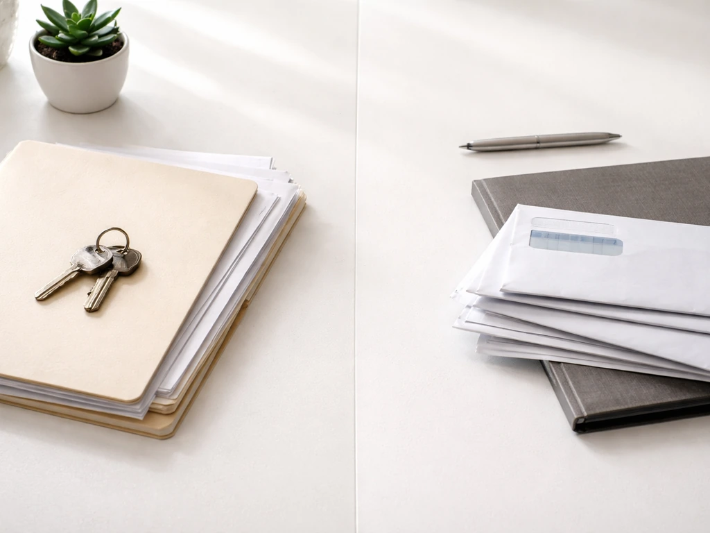 Minimal photo showing a split view of asset and liability icons on a desk: keys and documents vs bills and a closed fold