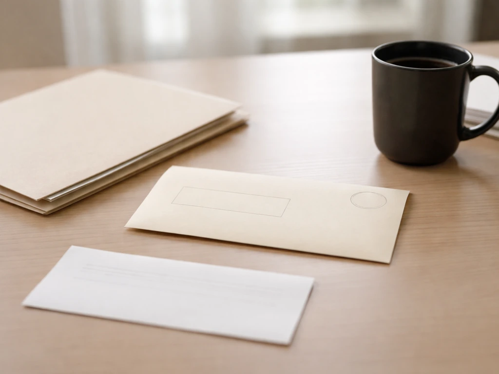 Minimal photo of a closed folder with a mortgage statement envelope and a blank receipt on a desk