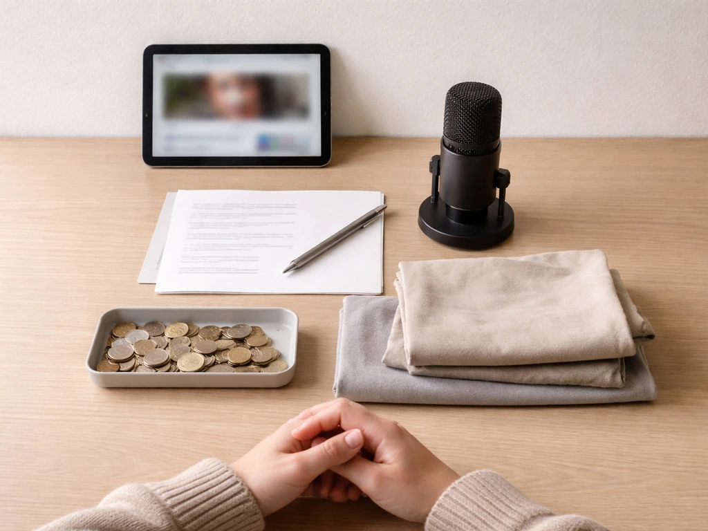 Minimal photo of a desk with a smartphone, coins, and a laptop showing a creator-style revenue stack concept