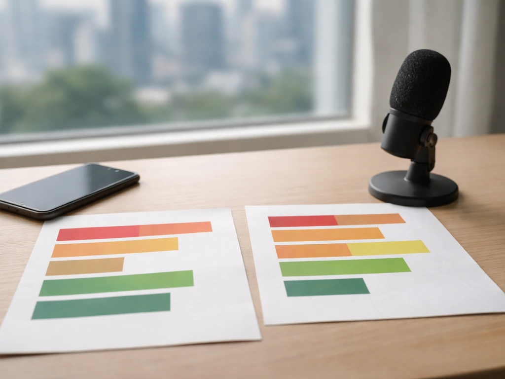 Minimal desk with unlabeled papers, microphone, and smartphone near a window skyline blur.