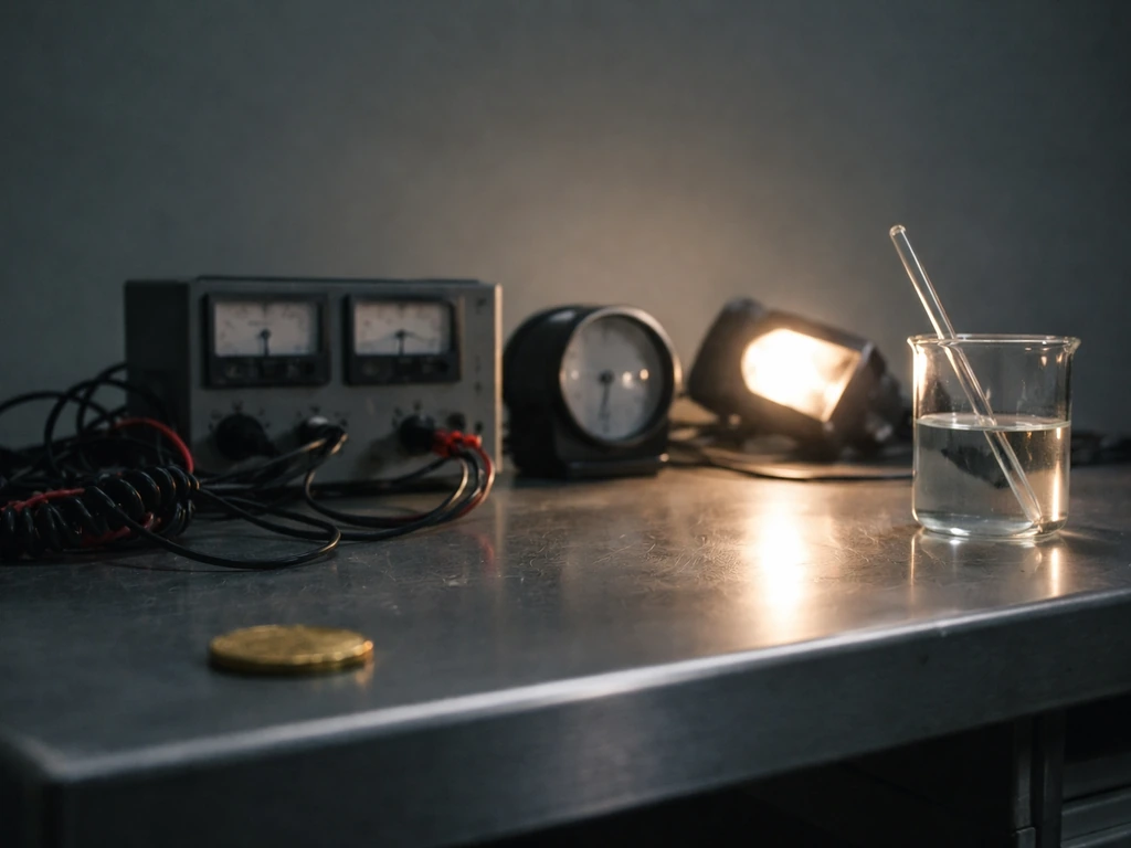 Experimental TV science lab set with studio prop equipment and a glinting coin as a wealth symbol