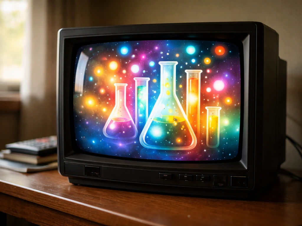 Close-up of a retro TV screen showing a colorful science-themed title card with no readable text