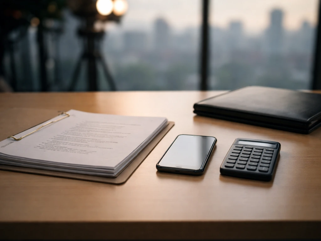 Minimal desk scene with TV script pages, a smartphone, and a calculator—symbolizing TV franchise estimate inputs.