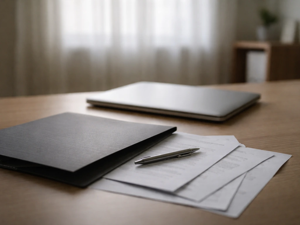 Minimal photo of a closed laptop beside scattered papers and a dark folder, symbolizing undisclosed financial stakes