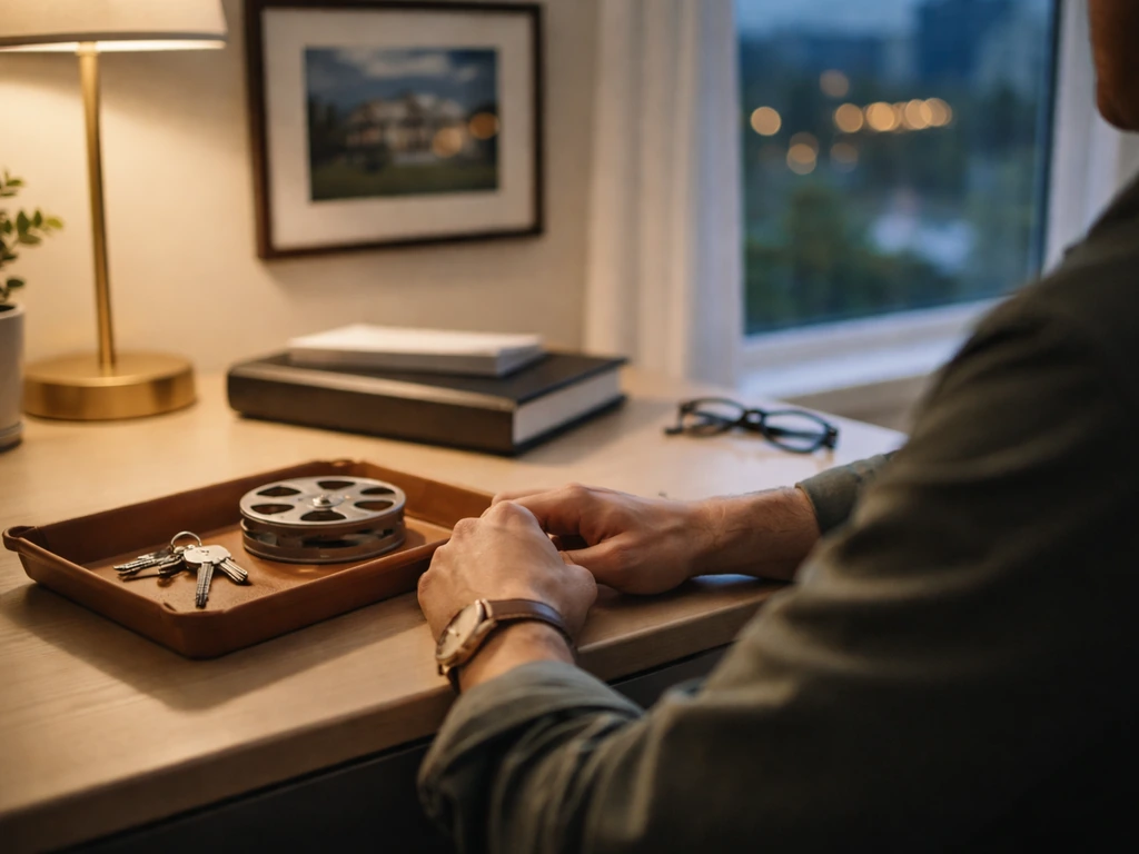 Minimal shot of a producer at a desk with a film reel and keys, symbolizing ownership and assets.