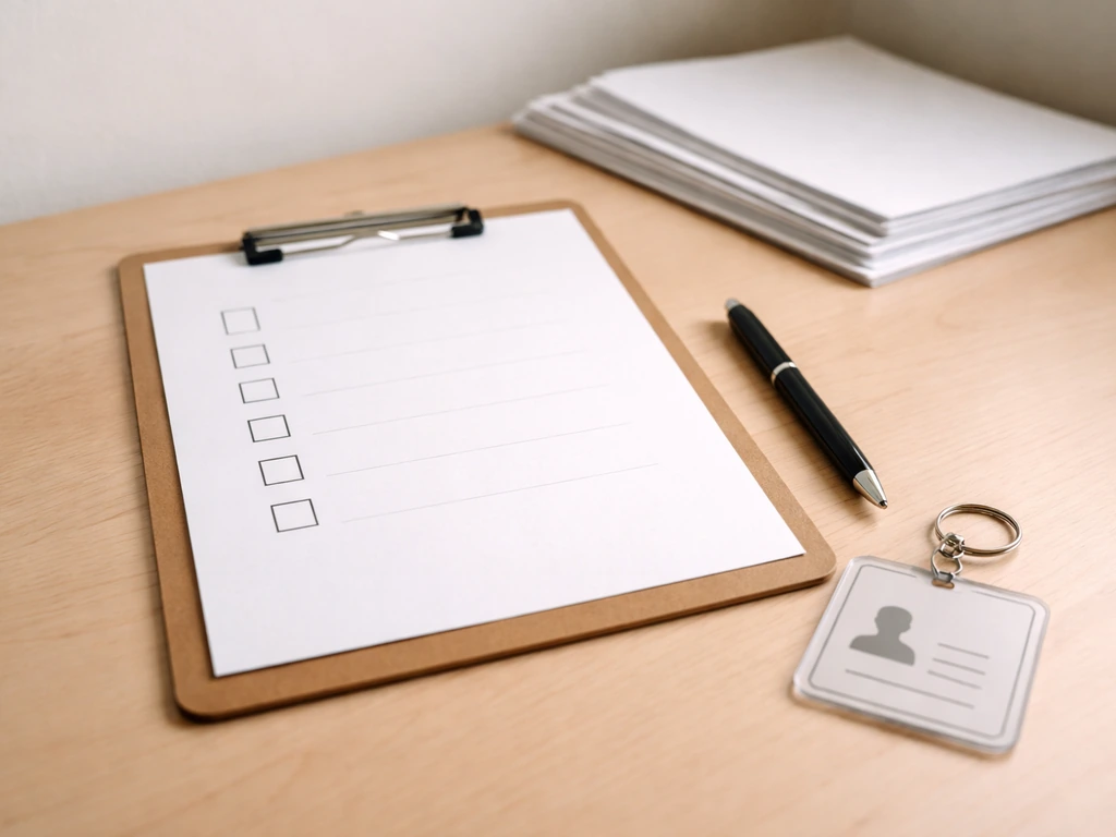 Minimal photo of a desk checklist with blank paper, pen, and ID badge silhouette to verify identity