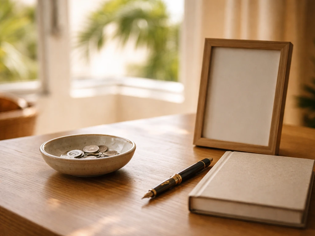 Sunlit Coral Gables office desk with charity-style donations bowl and vintage items representing a public-life timeline