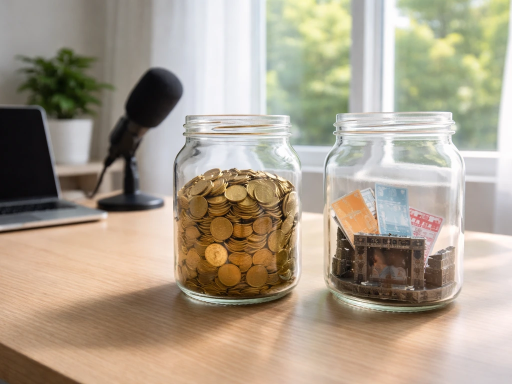 Minimal office desk with two jars of coins and ticket stubs beside a microphone, suggesting wealth vs touring.