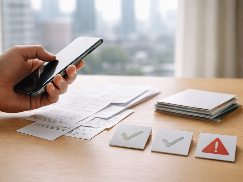Hand on desk with smartphone, receipts, checkmark icons, and a red warning triangle for quick verification.