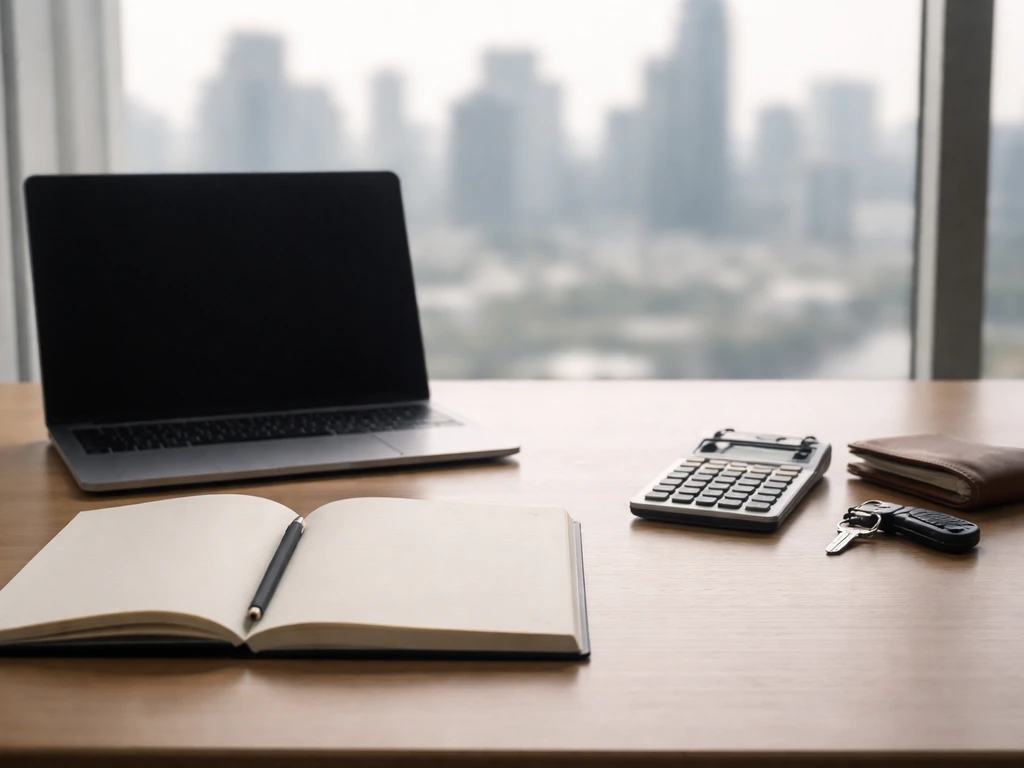 Minimal desk scene with calculator, blank notebook, and laptop by a window, symbolizing verifying FBK net worth.