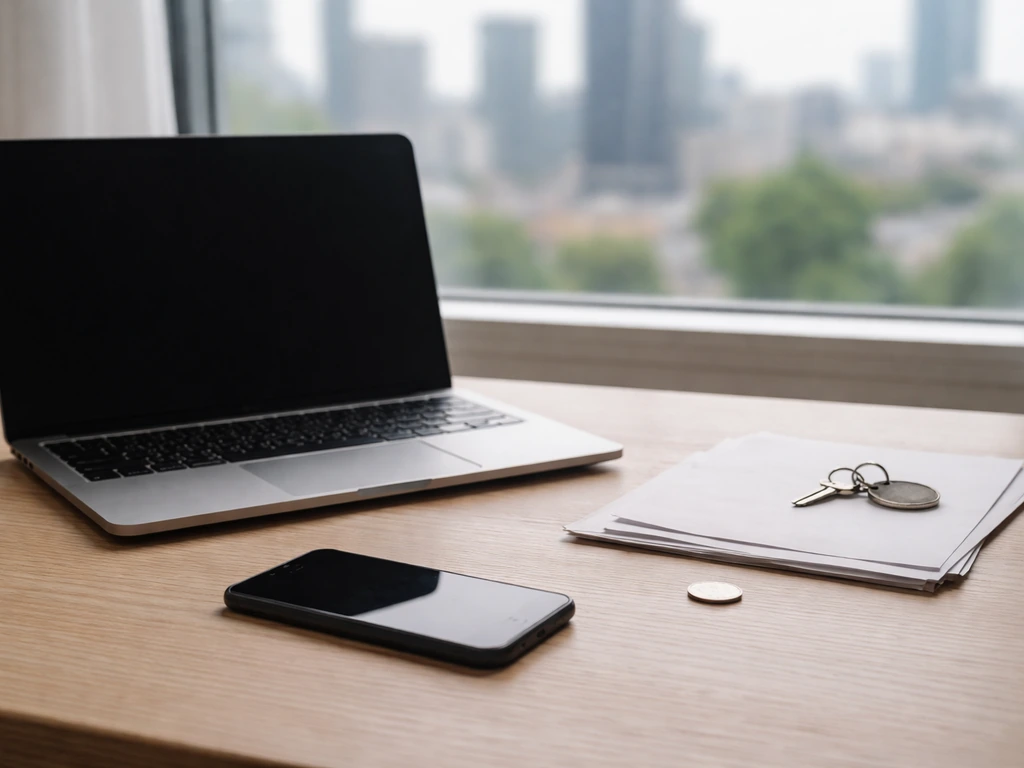 Minimal photo of a desk with scattered business keys, a smartphone, and blurred city skyline to suggest “FBK” context co