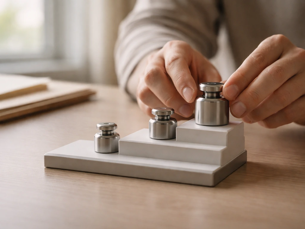 Hands adjust a minimalist scale with three metal weights at different levels to suggest a value range.