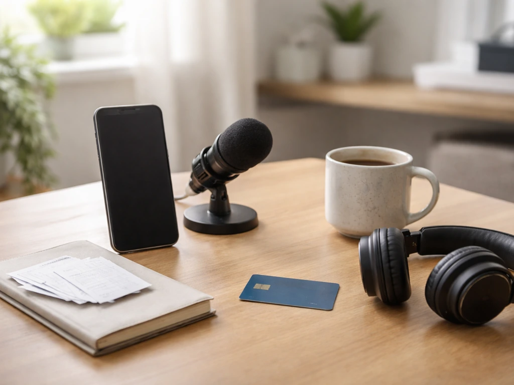 Minimal creator workspace with phone, microphone, headphones, and receipts suggesting income streams to check