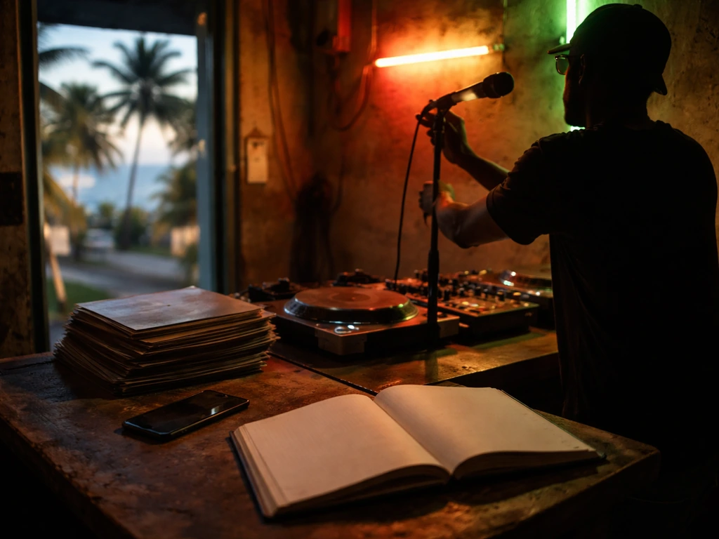 Anonymous deejay silhouette in a Jamaican studio booth with microphone, records, and blank notebook.