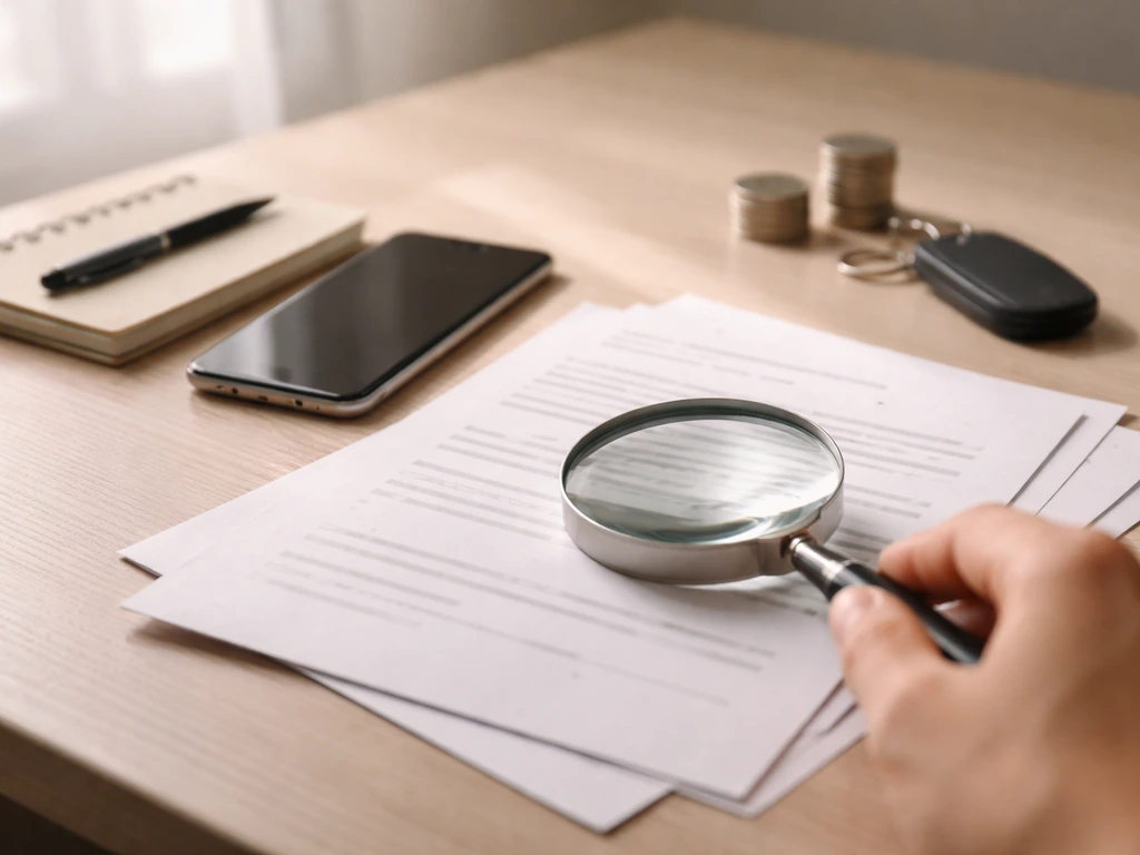 Close-up of a smartphone, magnifying glass, and blank papers on a desk symbolizing net-worth source vetting.
