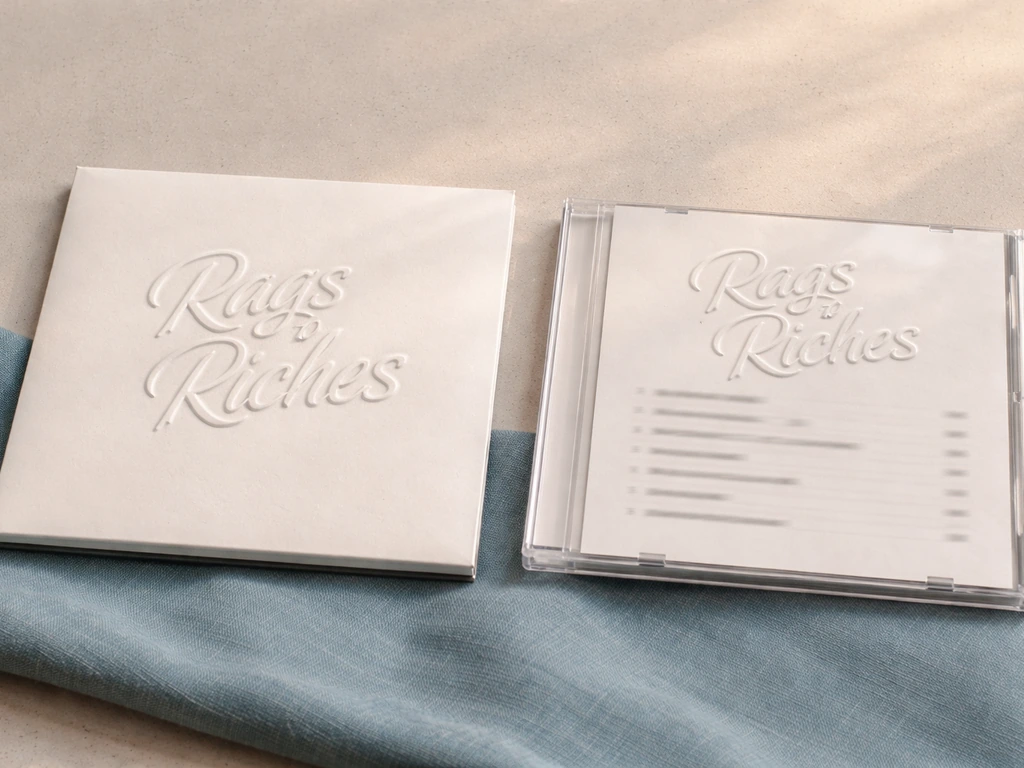 Minimal tabletop scene showing a vinyl/CD-style cover reading “Rags to Riches” with faint track-list formatting.