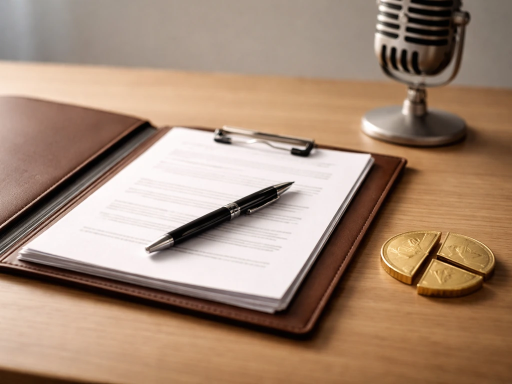 Open contract folder and royalty papers on a desk with coins and a studio microphone, no text.