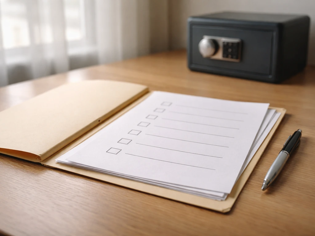 Minimal desk scene with blank forms and checkboxes suggesting missing proof of assets