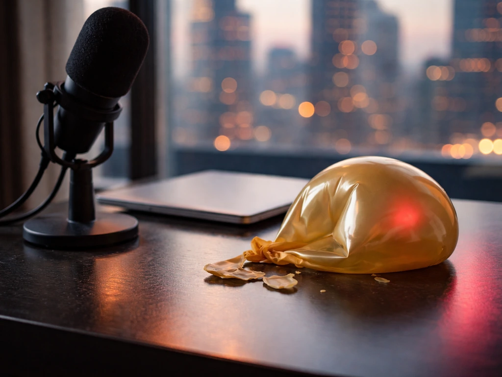 Deflated party balloon and podcast microphone on a studio desk with city light bokeh in the background.