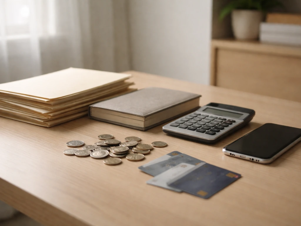 Minimal desk scene with calculator, paperwork, coins, and cards symbolizing assets and liabilities.