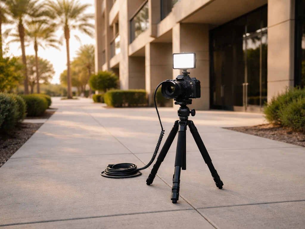 Video production camera and LED light beside a modern Phoenix office exterior, no people.