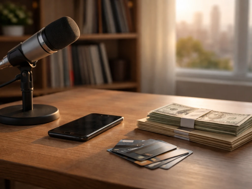 Minimal studio desk with microphone, cash envelopes, and credit cards symbolizing music income and financial analysis.