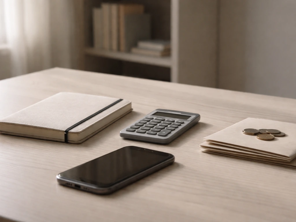 Minimal desk scene with calculator, coins, and envelopes under natural light, symbolizing net worth estimation.
