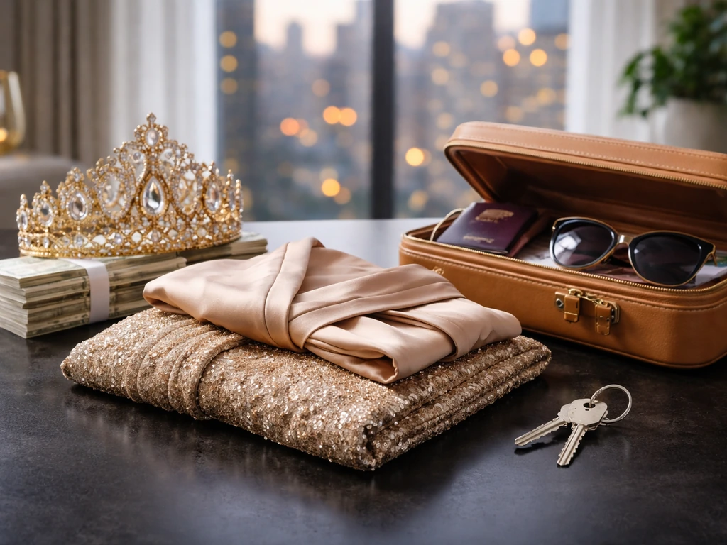 Luxury crown, cash, suitcase, and keys on a table with a softly blurred New York apartment background.