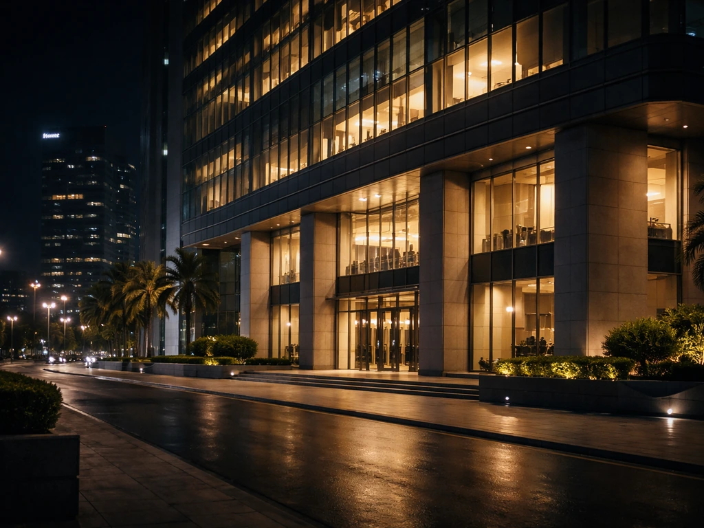 Night exterior of a modern bank building with illuminated windows, symbolizing NBK and Kuwaiti banking
