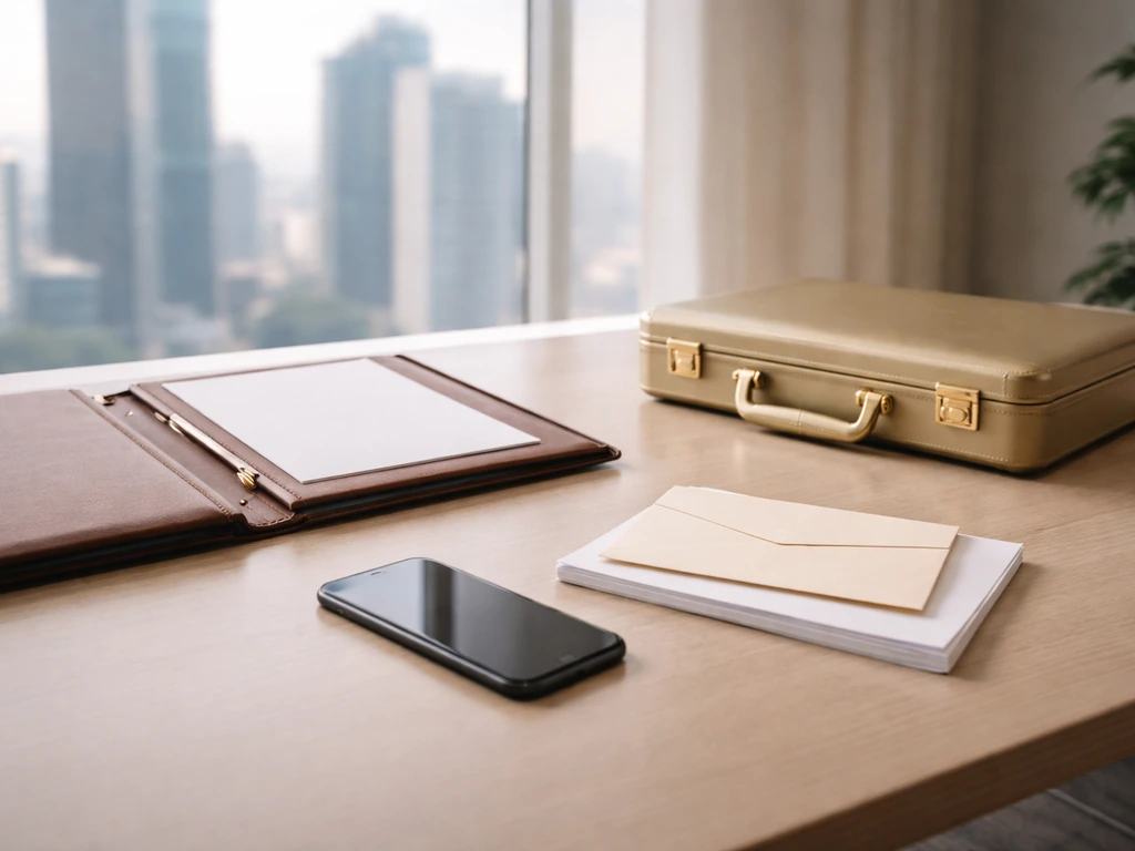 Minimal office desk with briefcase, portfolio, and blank documents symbolizing net worth analysis