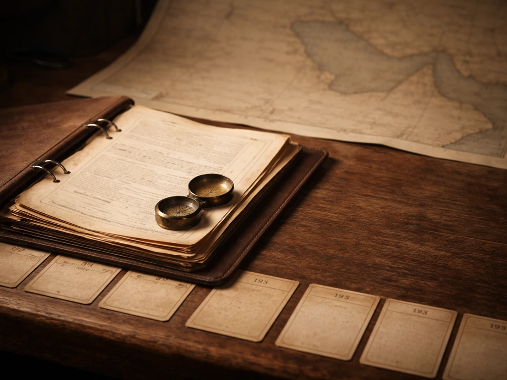 Minimal vintage-inspired scene showing a historic bank-era timeline concept with maps and archive materials