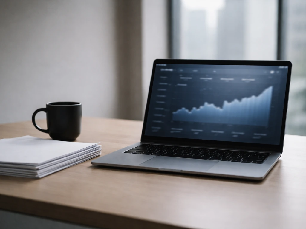 Minimal office scene with a laptop and coffee beside neatly arranged documents suggesting recent profit growth.