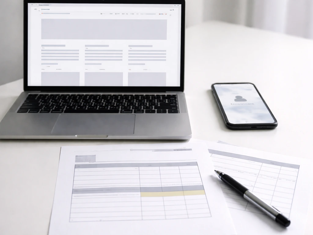Close-up of a laptop and smartphone showing an investor-relations download flow, with documents and a pen