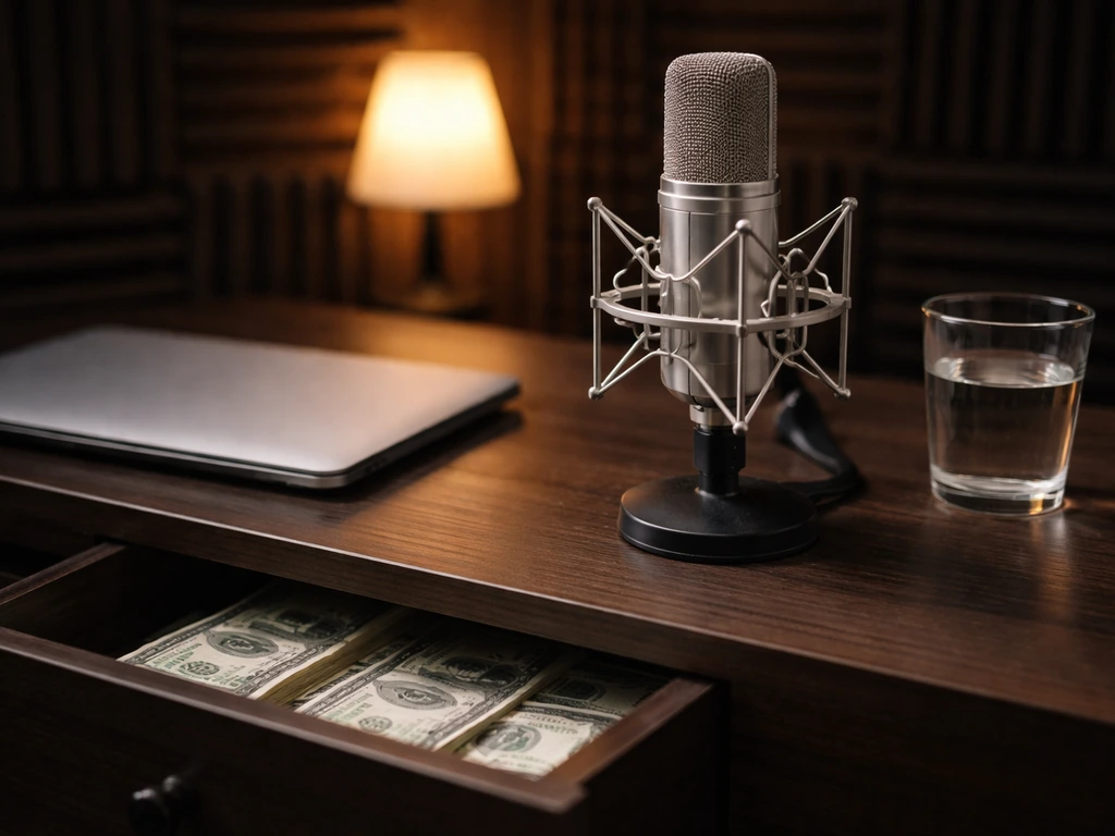 Anonymous recording studio desk with a microphone and subtle money cues, symbolizing net worth estimation.
