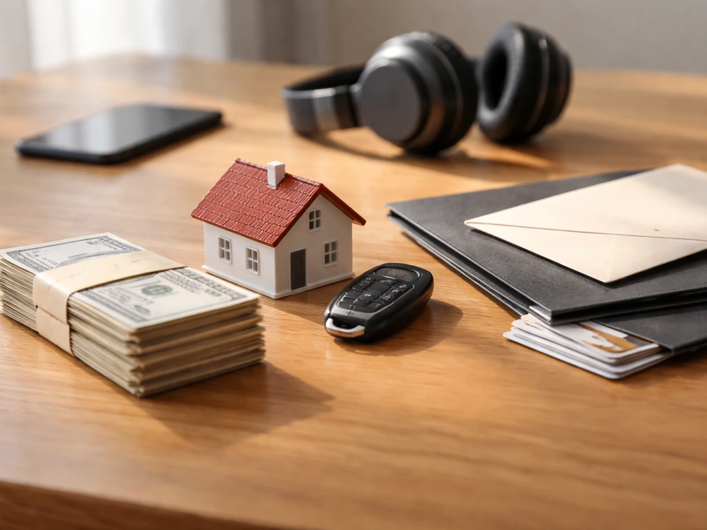Minimal photo of a tidy desk with cash and a house model beside a phone and envelope, symbolizing assets minus liabiliti