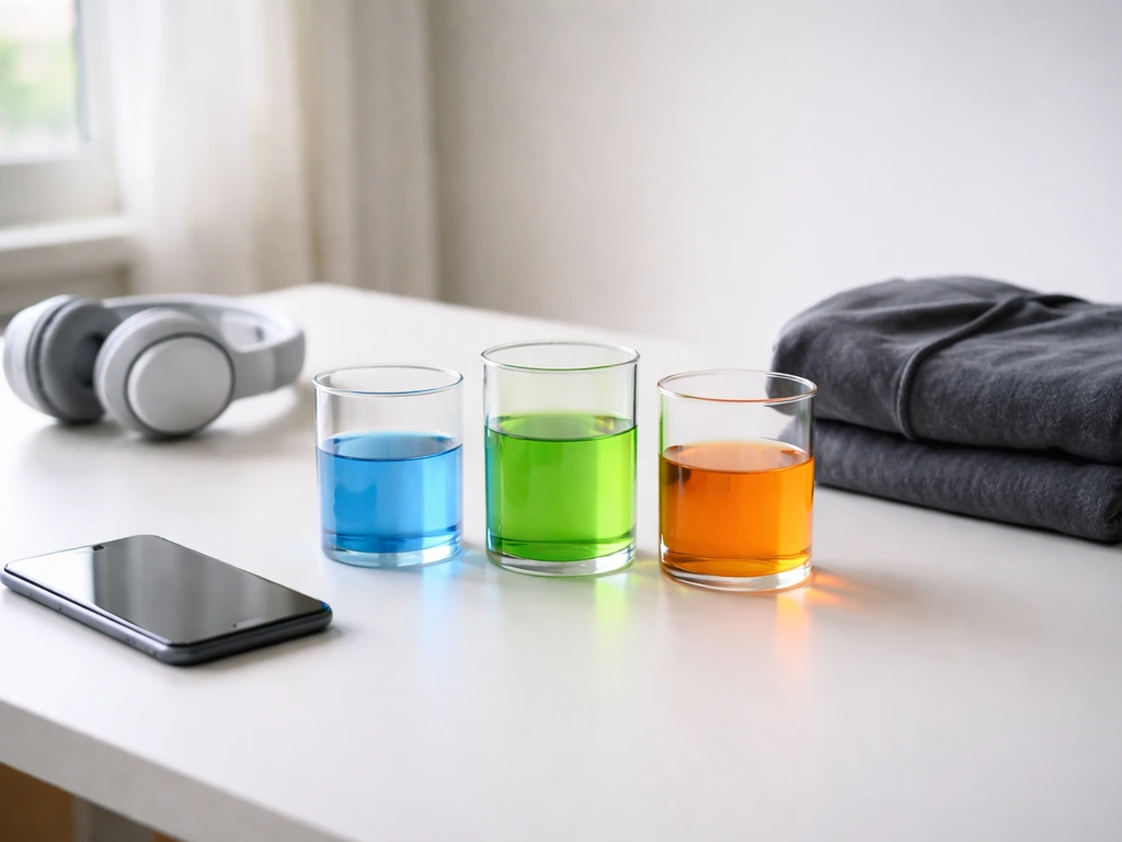 Minimal desk scene with three income buckets represented by unlabeled colored segments and a phone