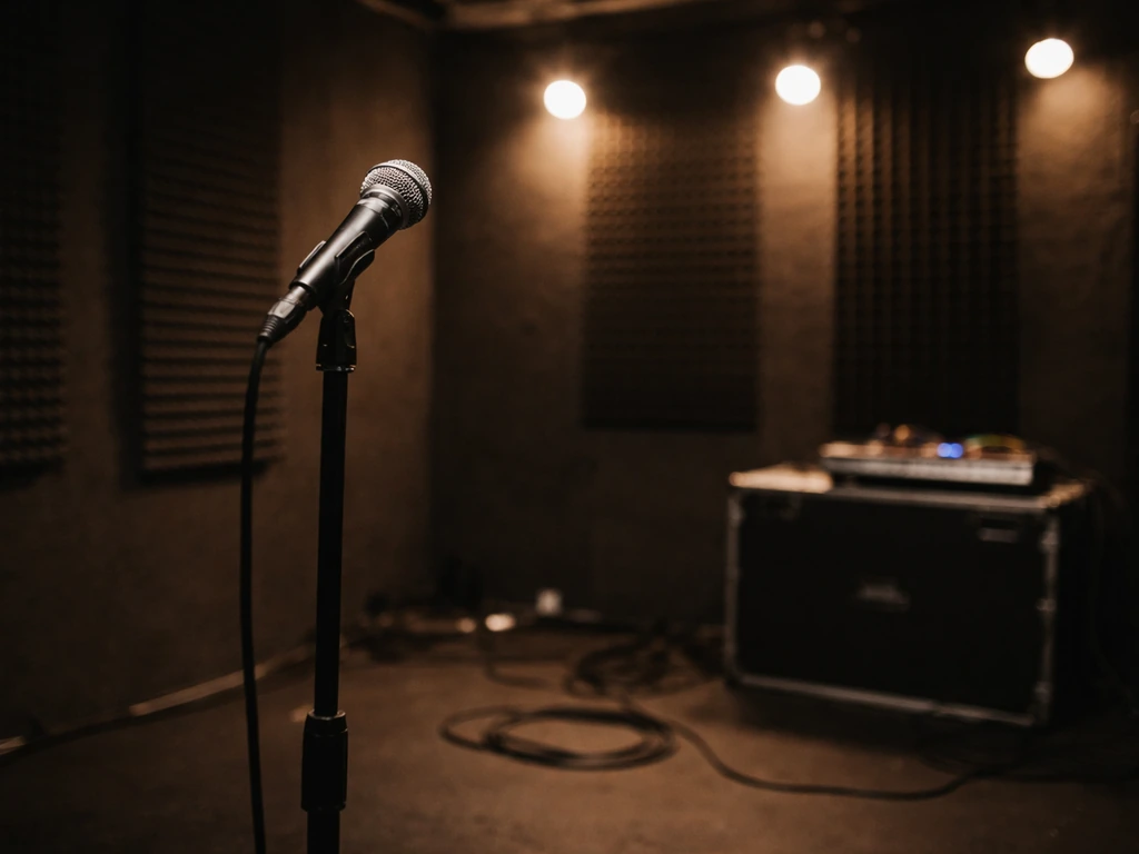 Minimal live hip-hop performance setup with microphone stand and stage lights in a small venue