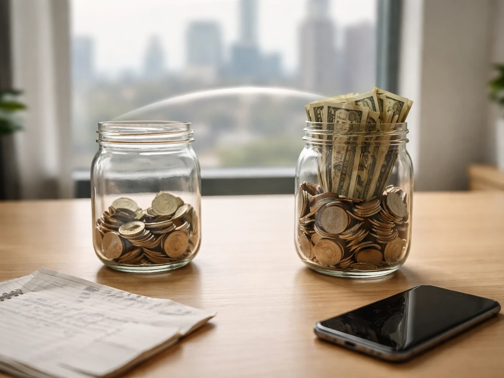 Minimal office desk with two coin jars and soft light band suggesting a net-worth uncertainty range.