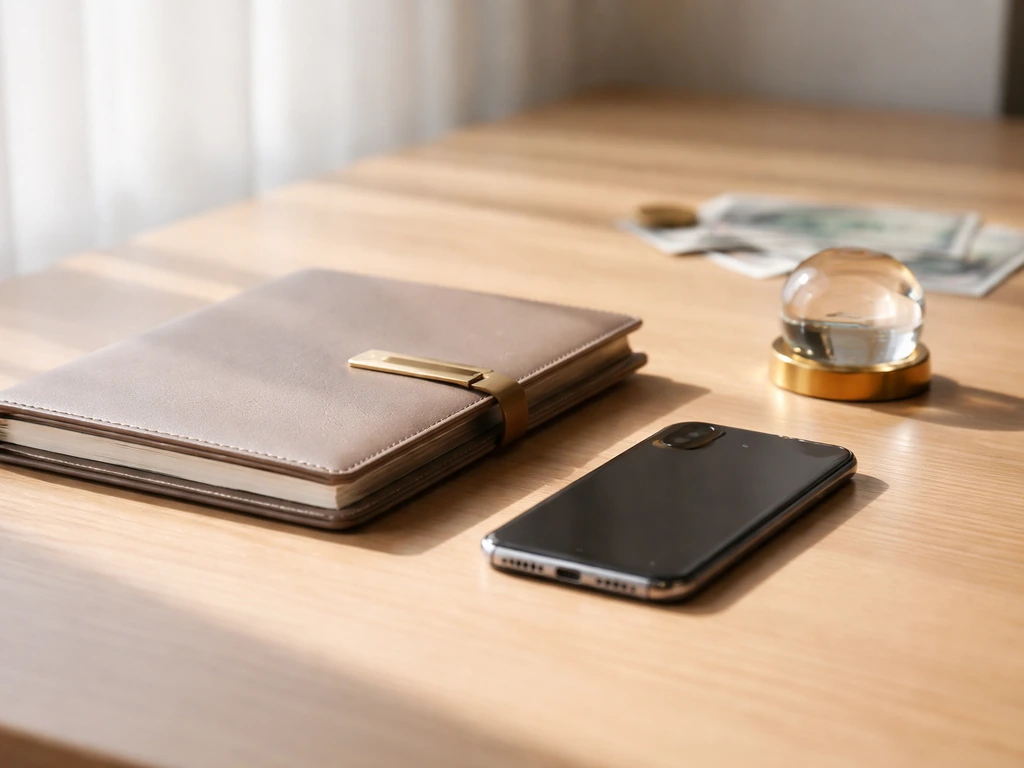 Minimal desk scene with money symbols and business tools, softly lit, representing a net worth estimate range.