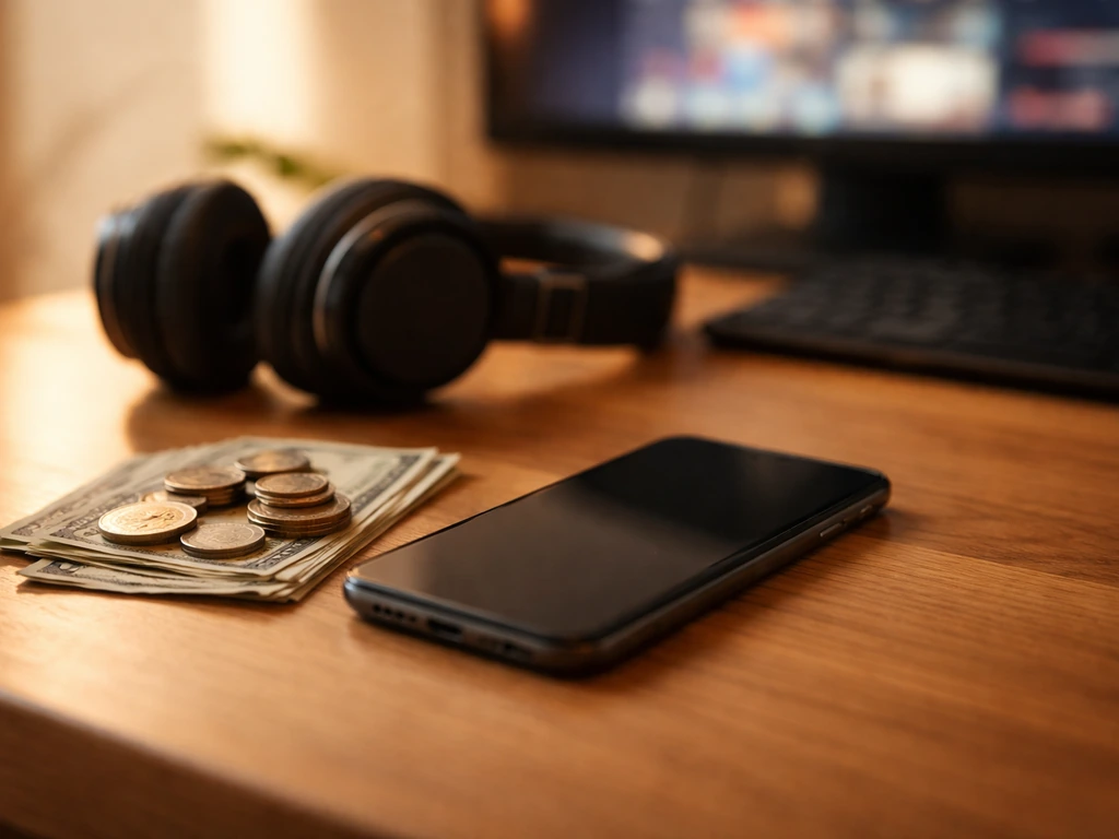 Minimal desk scene with a smartphone and small stack of coins symbolizing multiple income streams