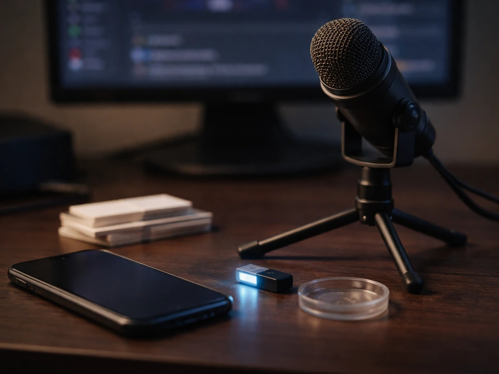 Desk with a microphone and minimal streaming setup, symbolizing Twitch subscriptions and bits without text